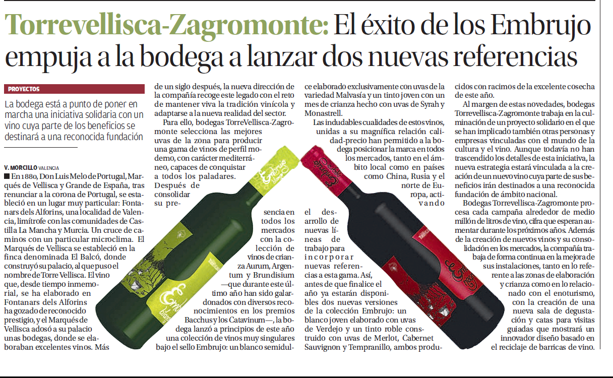 Artículo en el el periódico sobre la proyección internacional del vino que diseñamos para Torrevellisca